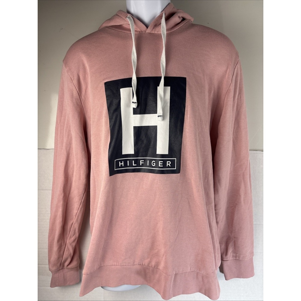 TOMMY HILFIGER Skater Hoodie Mens L Pink H Logo Sweatshirt Casual Soft Hip Hop